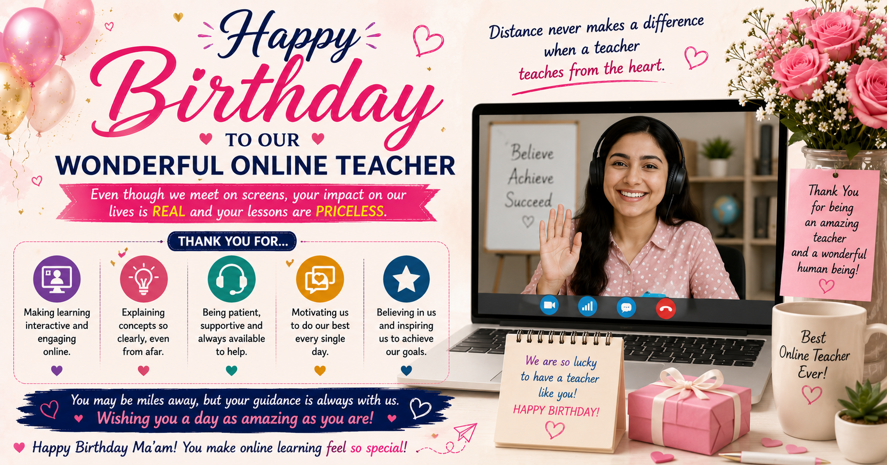 Birthday Wishes for Online / Virtual Female Teacher