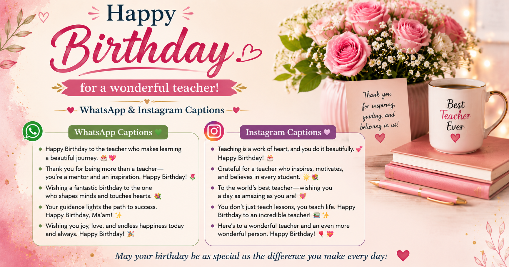 Birthday Wishes for Female Teacher — WhatsApp & Instagram Captions