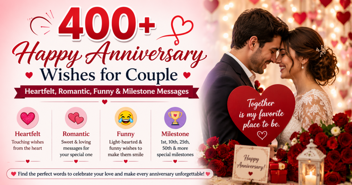 400+ Happy Anniversary Wishes for Couple — Heartfelt, Romantic, Funny & Milestone Messages
