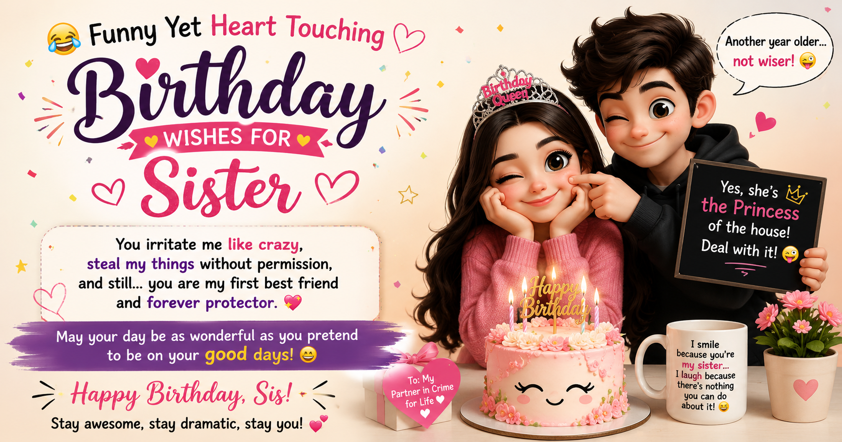 😂 Funny Yet Heart Touching Birthday Wishes for Sister