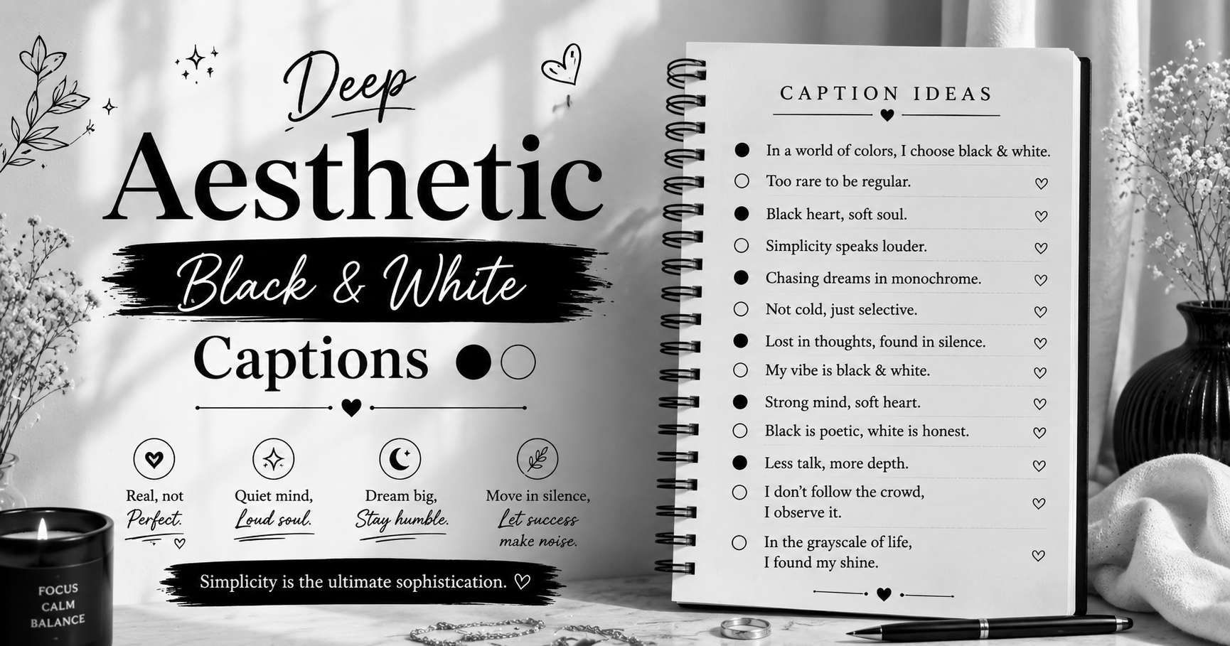 Deep Aesthetic Black & White Captions ⚫⚪