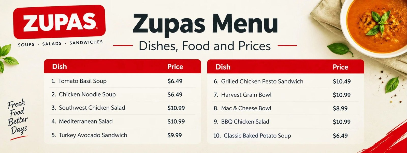 Zupas Menu With Prices: Soups, Salads, Sandwiches, Bowls, and More