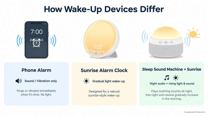 Phone alarm, sunrise clock, and sleep sound machine wake-up styles compared
