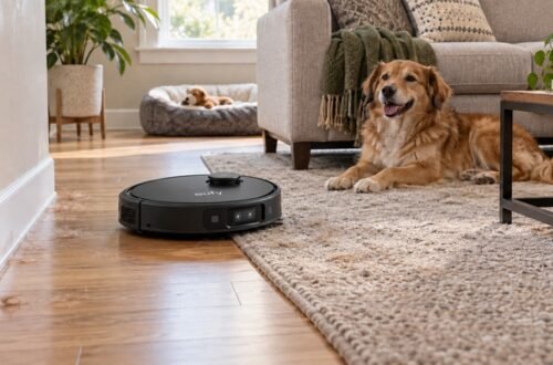 eufy Robot Vacuum Omni E35 cleaning pet hair on hardwood flooring and a low-pile rug beside a dog