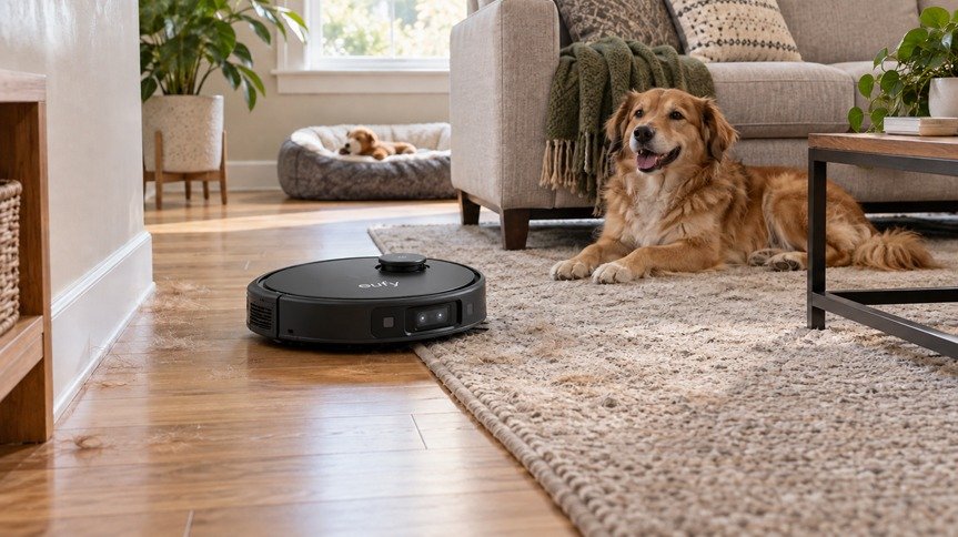 eufy Robot Vacuum Omni E35 cleaning pet hair on hardwood flooring and a low-pile rug beside a dog