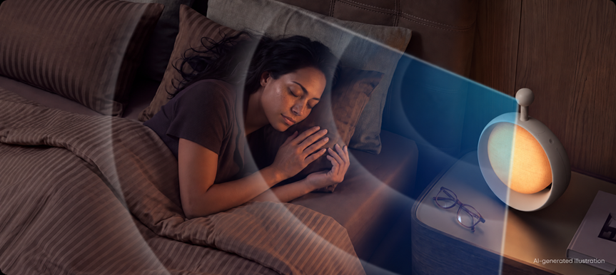 soundcore SleepLab sunrise alarm clock supports sleep beside the bed at night